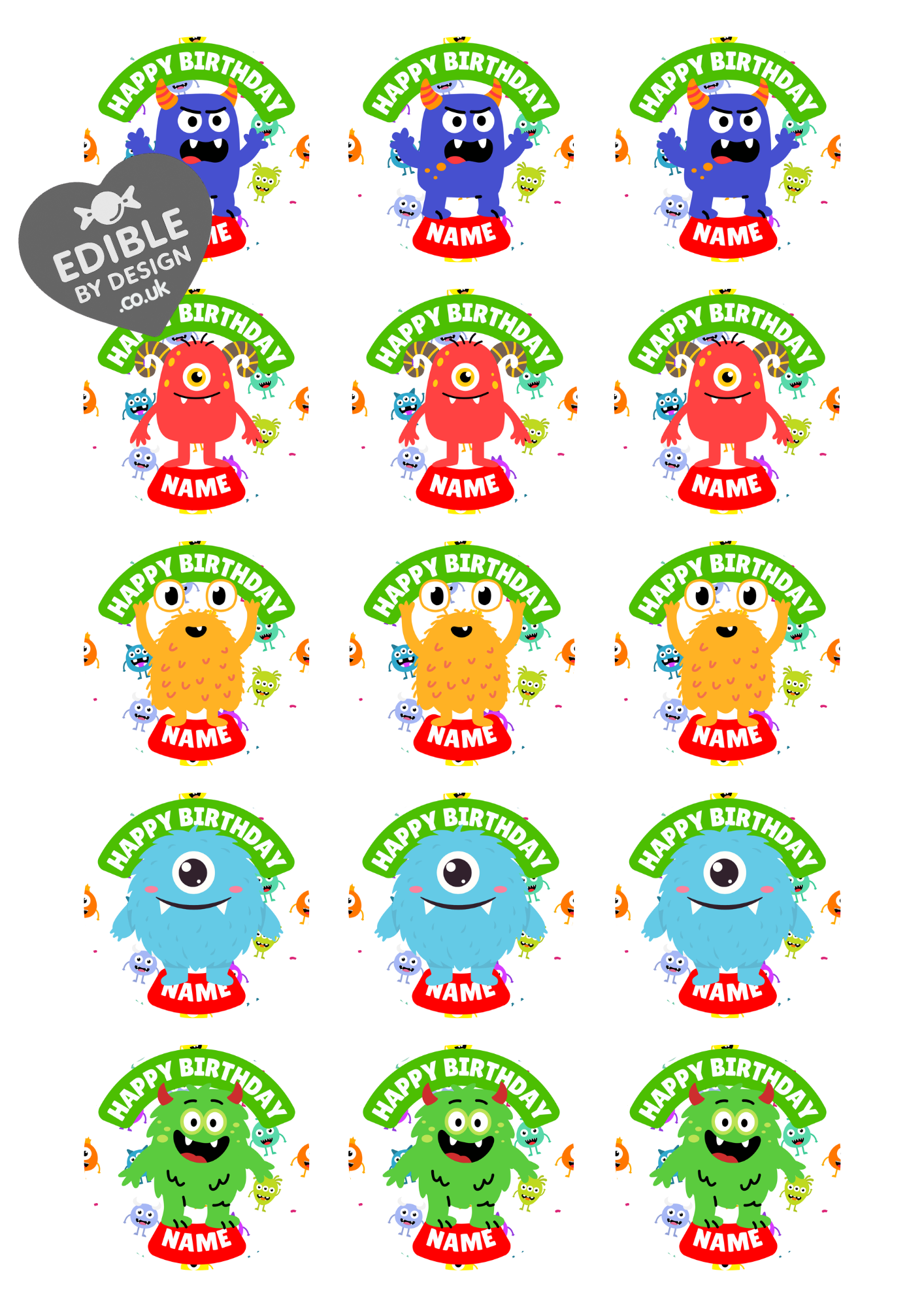 Monster Theme Birthday Cake Toppers Edible Circles Personalised Name and Age Matching Stickers Balloon Invitations Pack