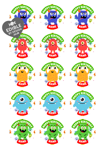 Monster Theme Birthday Cake Toppers Edible Circles Personalised Name and Age Matching Stickers Balloon Invitations Pack