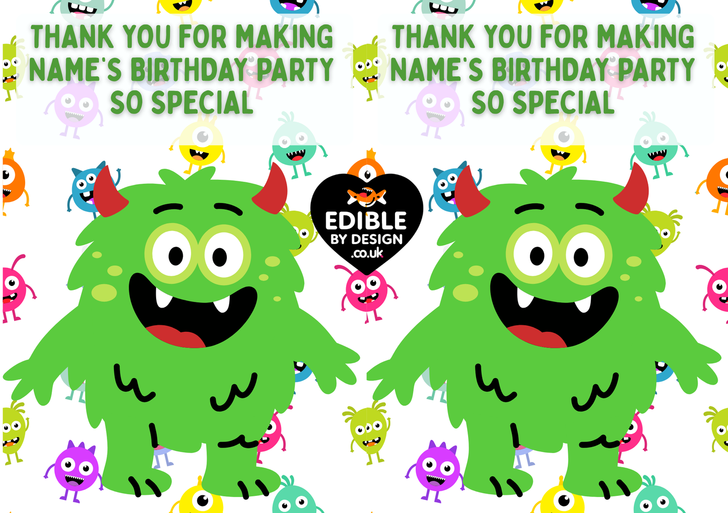 Monster Theme Birthday Cake Toppers Edible Circles Personalised Name and Age Matching Stickers Balloon Invitations Pack