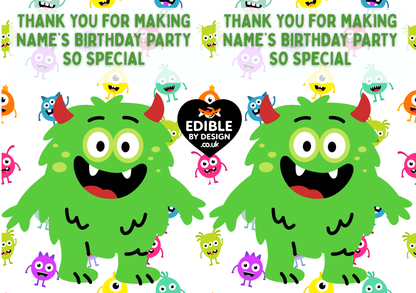 Monster Theme Birthday Cake Toppers Edible Circles Personalised Name and Age Matching Stickers Balloon Invitations Pack