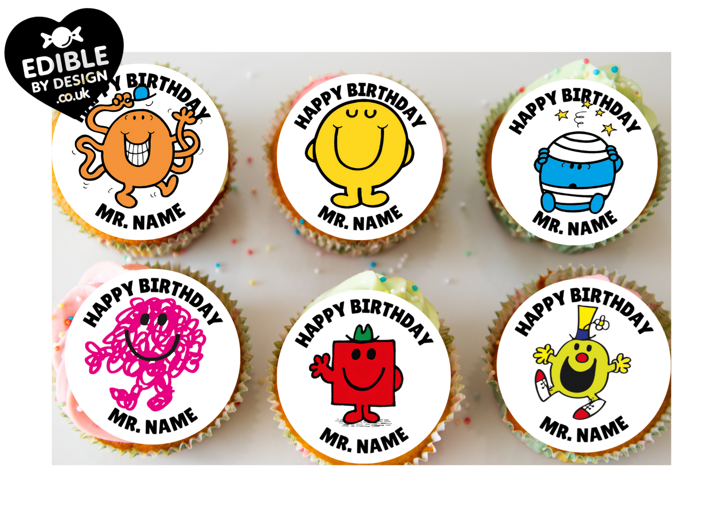 Mr Men Theme Birthday Cake Toppers Edible Circles Personalised Name and Age Matching Stickers Balloon Invitations Pack