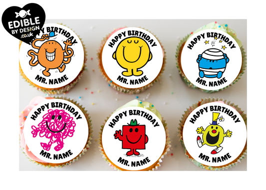 Mr Men Theme Birthday Cake Toppers Edible Circles Personalised Name and Age Matching Stickers Balloon Invitations Pack