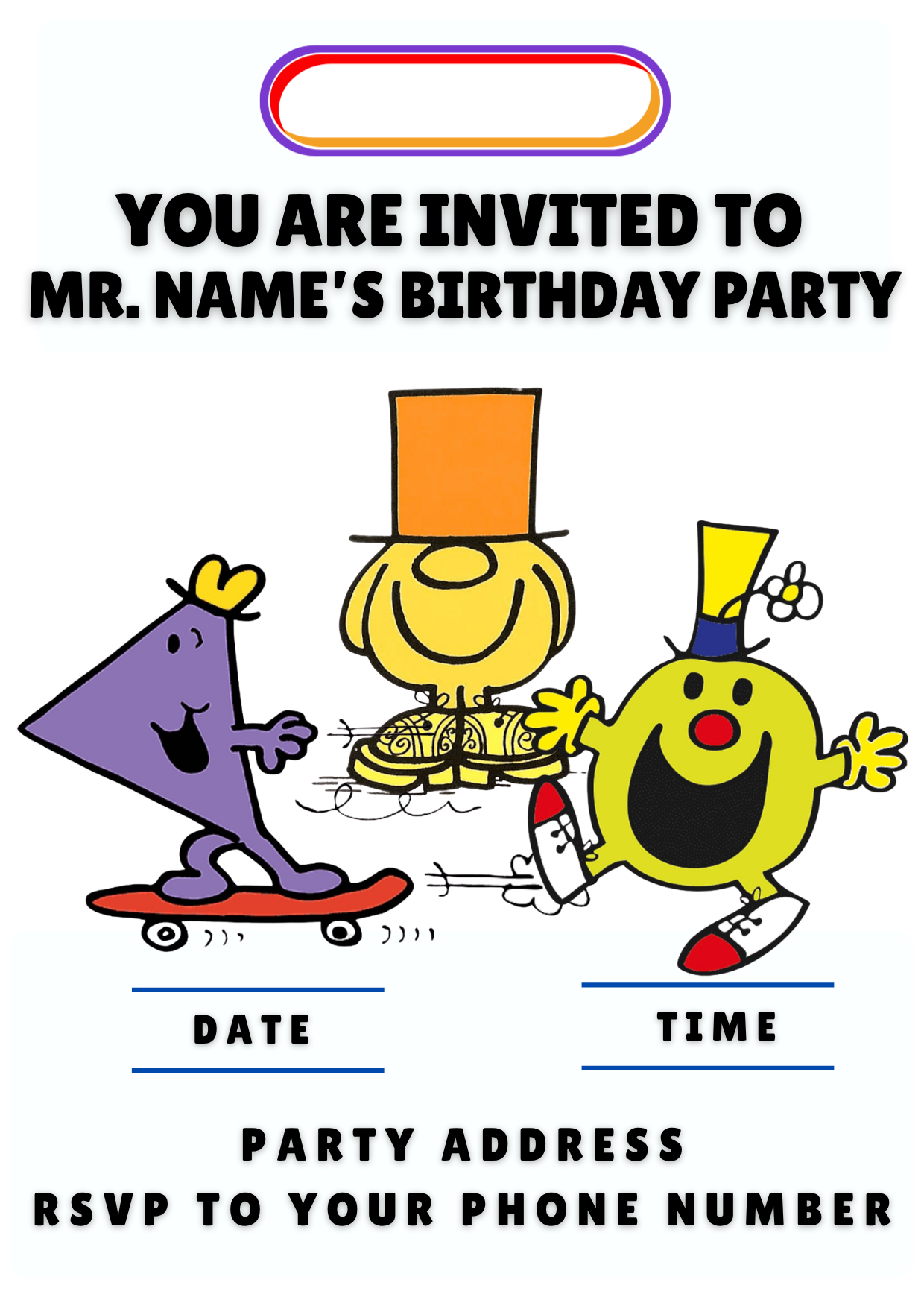 Mr Men Theme Birthday Cake Toppers Edible Circles Personalised Name and Age Matching Stickers Balloon Invitations Pack