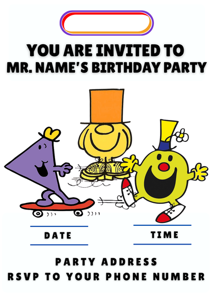 Mr Men Theme Birthday Cake Toppers Edible Circles Personalised Name and Age Matching Stickers Balloon Invitations Pack