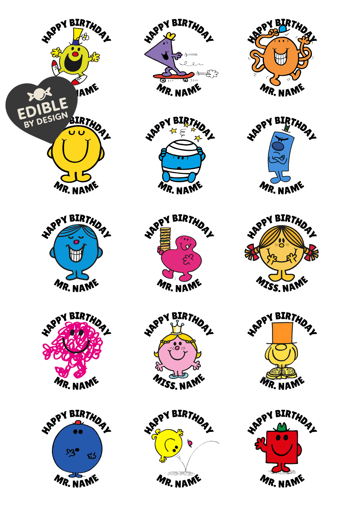 Mr Men Theme Birthday Cake Toppers Edible Circles Personalised Name and Age Matching Stickers Balloon Invitations Pack