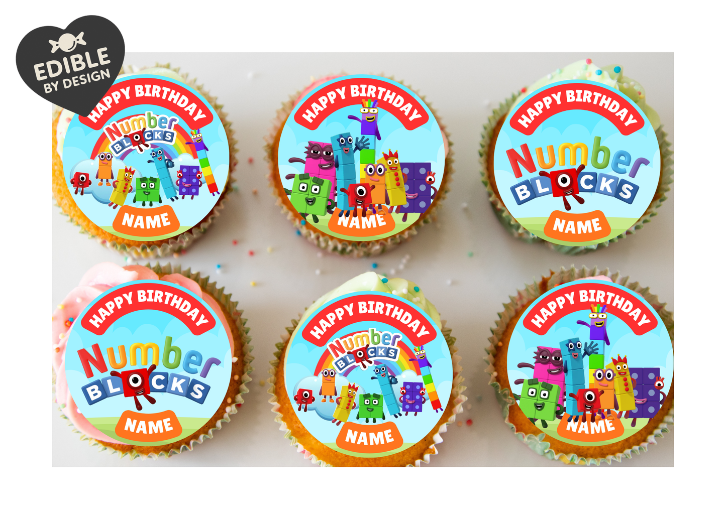 Number Block Theme Birthday Cake Toppers Edible Circles Personalised Name and Age Matching Stickers Balloon Invitations Pack