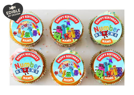 Number Block Theme Birthday Cake Toppers Edible Circles Personalised Name and Age Matching Stickers Balloon Invitations Pack