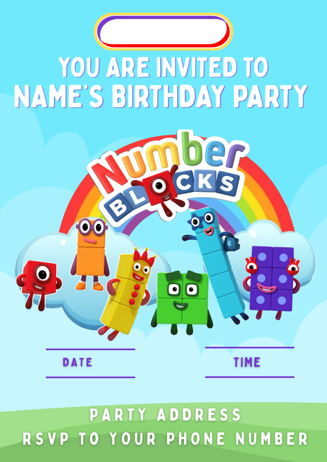 Number Block Theme Birthday Cake Toppers Edible Circles Personalised Name and Age Matching Stickers Balloon Invitations Pack