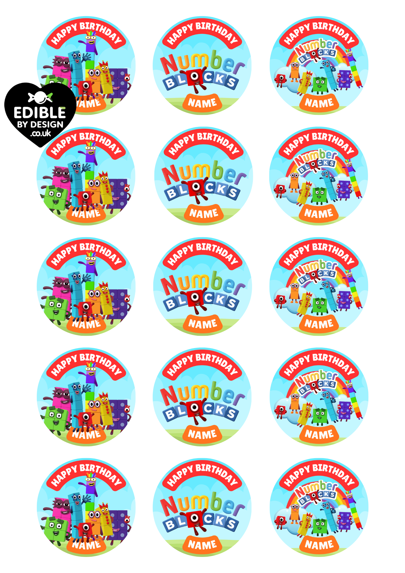 Number Block Theme Birthday Cake Toppers Edible Circles Personalised Name and Age Matching Stickers Balloon Invitations Pack