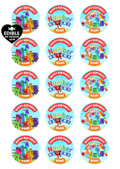 Number Block Theme Birthday Cake Toppers Edible Circles Personalised Name and Age Matching Stickers Balloon Invitations Pack