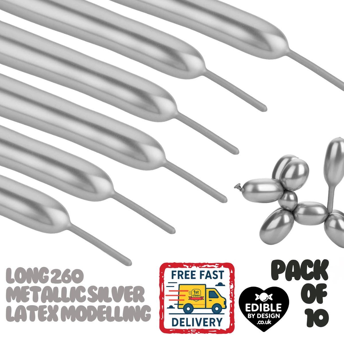 10 Pack Modelling Metallic Silver 260 Latex Long Balloons
