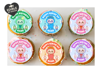 Labubu Pastel Theme Birthday Cake Toppers Edible Circles Personalised Name and Age Matching Stickers Balloon Invitations Pack