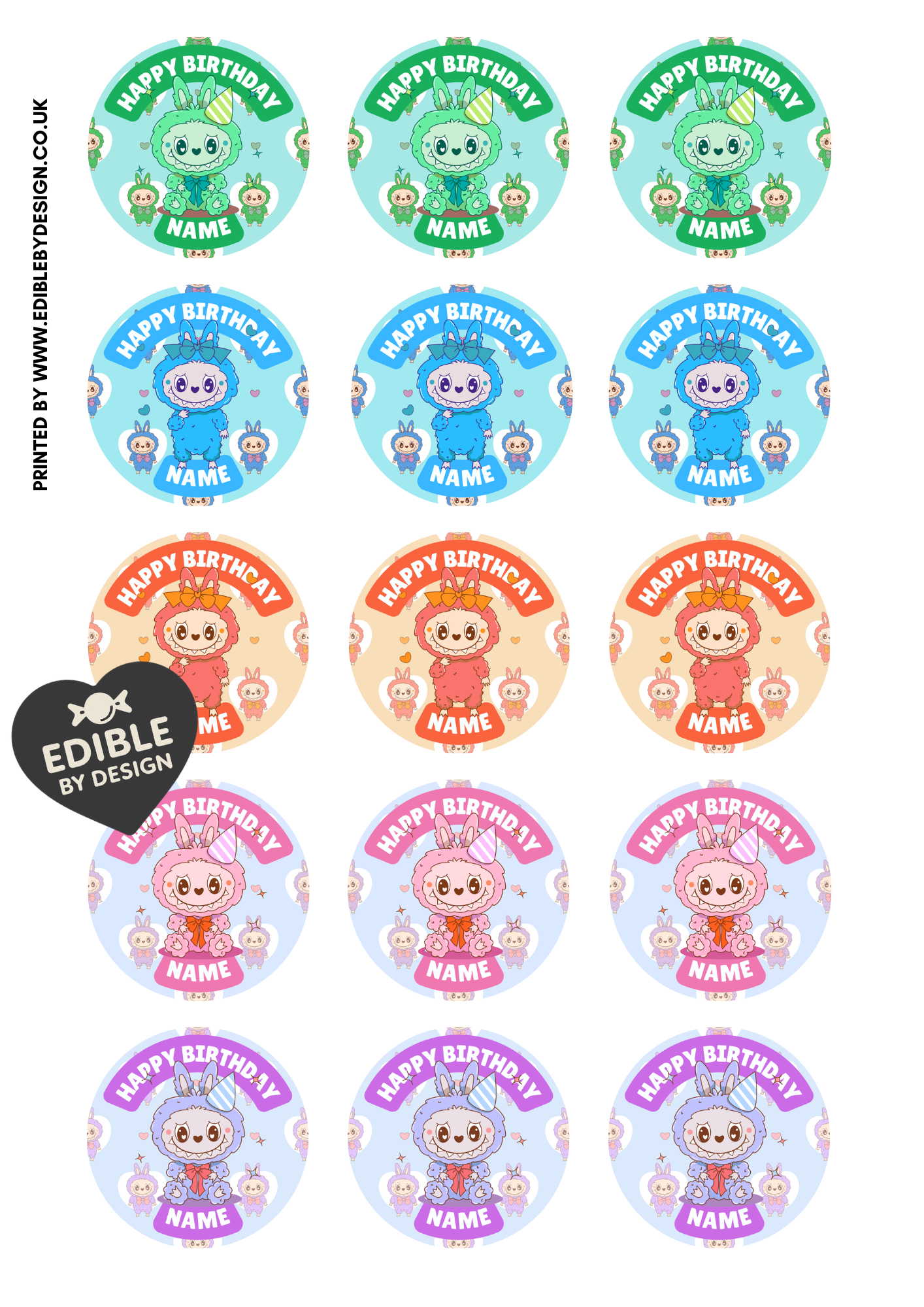 Labubu Pastel Theme Birthday Cake Toppers Edible Circles Personalised Name and Age Matching Stickers Balloon Invitations Pack