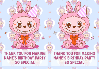 Labubu Pastel Theme Birthday Cake Toppers Edible Circles Personalised Name and Age Matching Stickers Balloon Invitations Pack