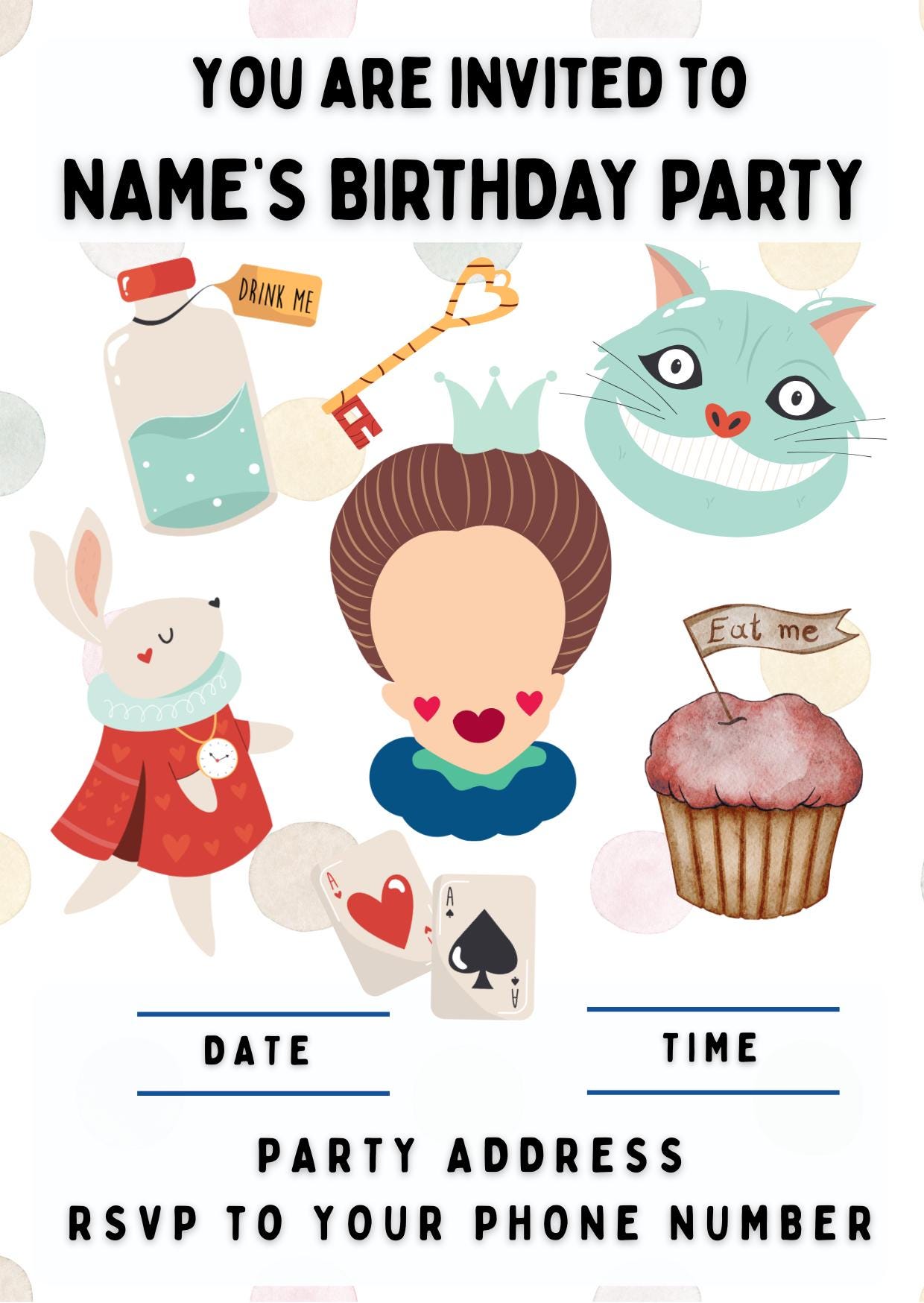 Personalised Alice in Wonderland Birthday Cake Toppers matching Invitations, Stickers, Foil Balloon, Party Pack