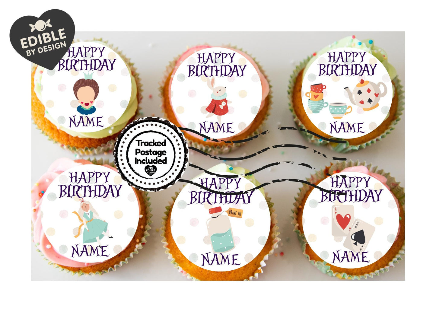 Personalised Alice in Wonderland Birthday Cake Toppers matching Invitations, Stickers, Foil Balloon, Party Pack