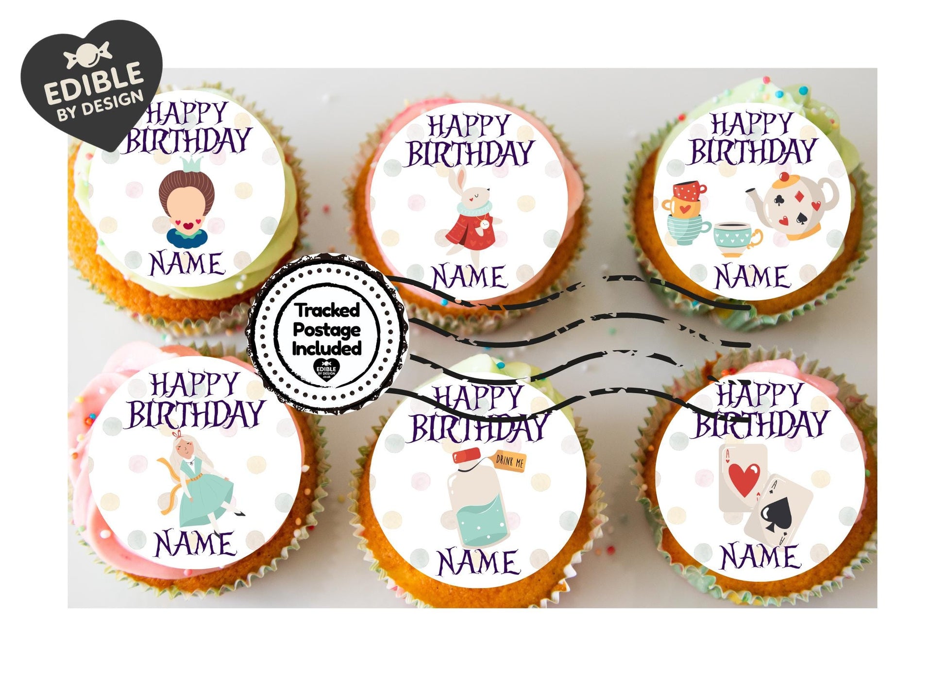 Personalised Alice in Wonderland Birthday Cake Toppers matching Invitations, Stickers, Foil Balloon, Party Pack