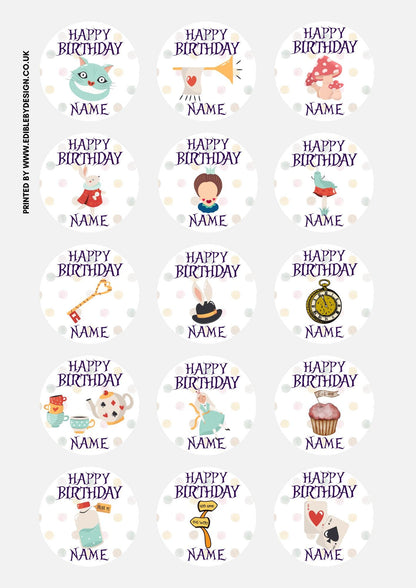 Personalised Alice in Wonderland Birthday Cake Toppers matching Invitations, Stickers, Foil Balloon, Party Pack