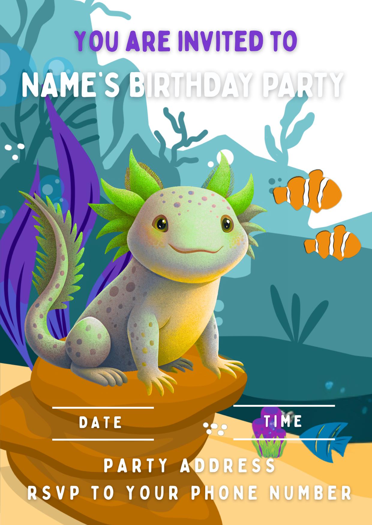Personalised Axolotl Cake Toppers Icing or Wafer: matching Invitations Stickers Balloon Party Pack