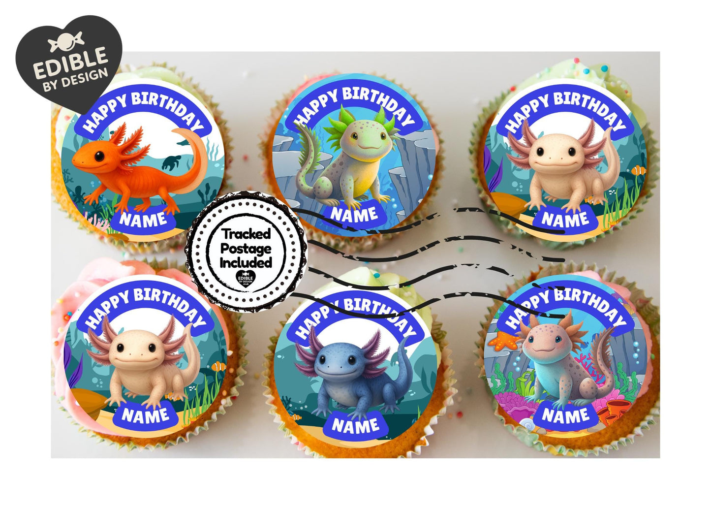 Personalised Axolotl Cake Toppers Icing or Wafer: matching Invitations Stickers Balloon Party Pack