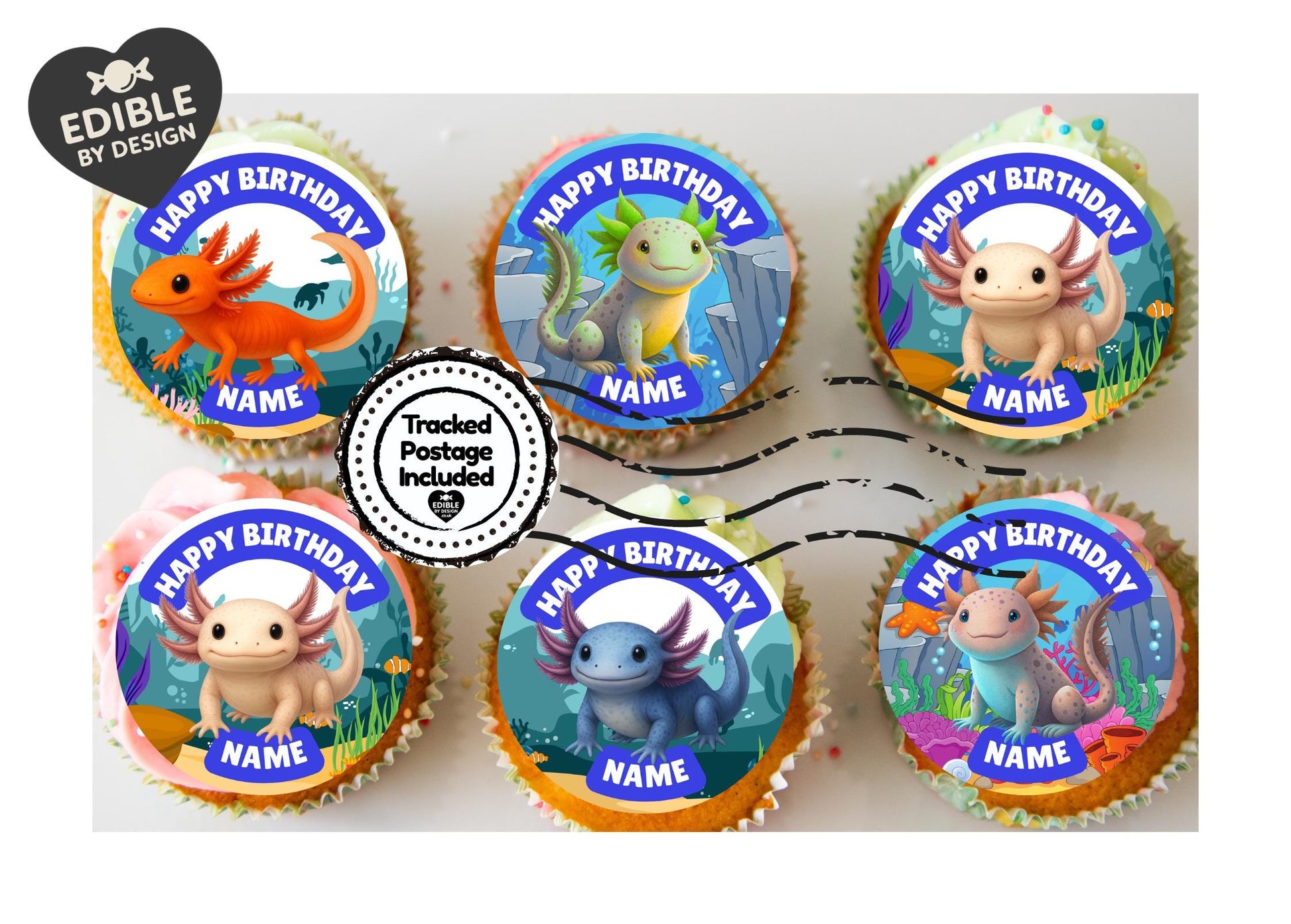 Personalised Axolotl Cake Toppers Icing or Wafer: matching Invitations Stickers Balloon Party Pack
