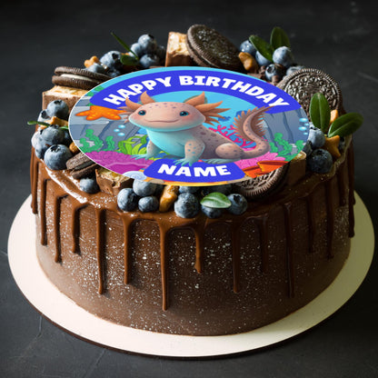 Personalised Axolotl Cake Toppers Icing or Wafer: matching Invitations Stickers Balloon Party Pack