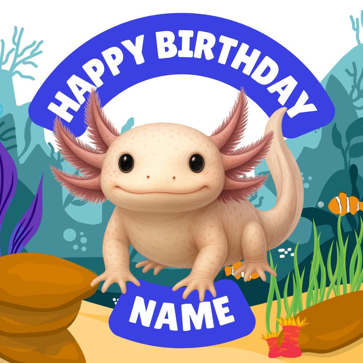 Personalised Axolotl Cake Toppers Icing or Wafer: matching Invitations Stickers Balloon Party Pack