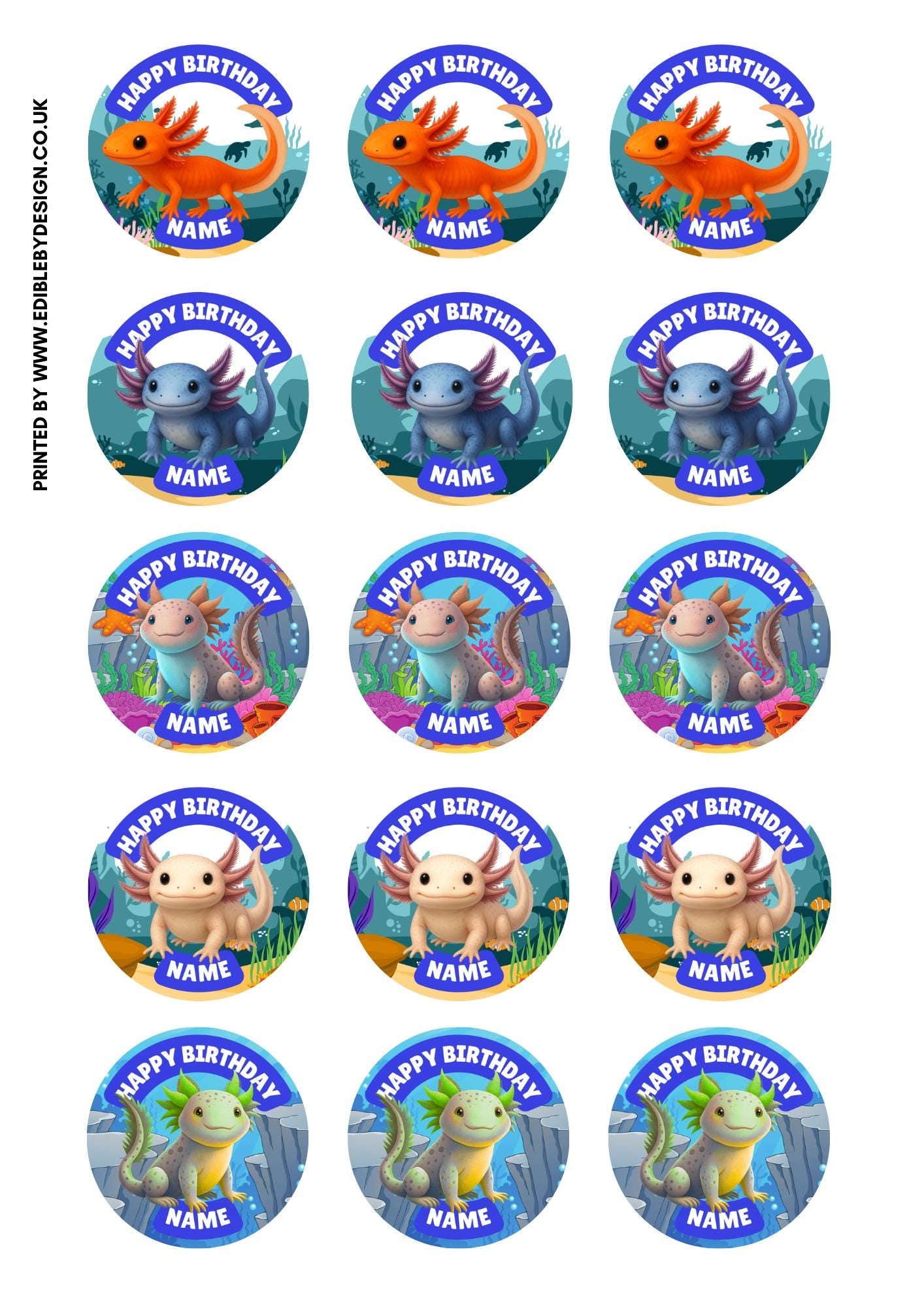 Personalised Axolotl Cake Toppers Icing or Wafer: matching Invitations Stickers Balloon Party Pack