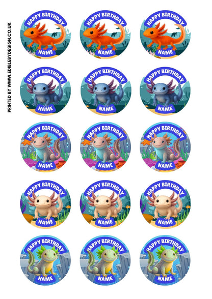 Personalised Axolotl Cake Toppers Icing or Wafer: matching Invitations Stickers Balloon Party Pack