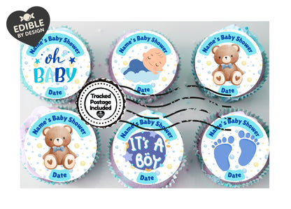 Personalised Baby Boy Shower Cupcake Toppers: Blue Baby Theme, Edible Ink on Icing or Wafer matching Stickers & Balloon available