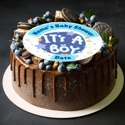 Personalised Baby Boy Shower Cupcake Toppers: Blue Baby Theme, Edible Ink on Icing or Wafer matching Stickers & Balloon available