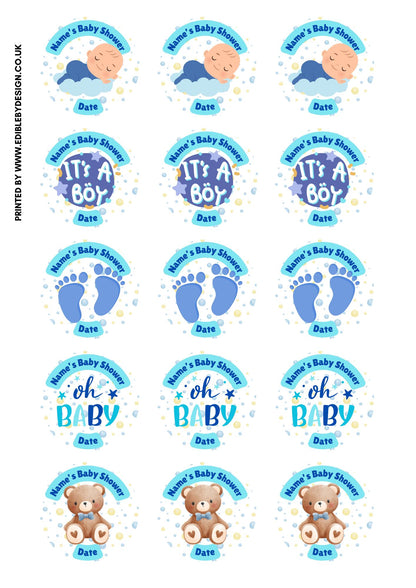 Personalised Baby Boy Shower Cupcake Toppers: Blue Baby Theme, Edible Ink on Icing or Wafer matching Stickers & Balloon available