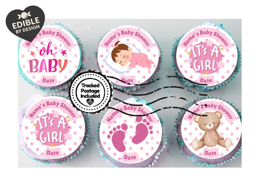 Personalised Baby Shower Cake Toppers: Pink Baby theme on Edible Icing or Wafer matching Stickers Foil Balloon