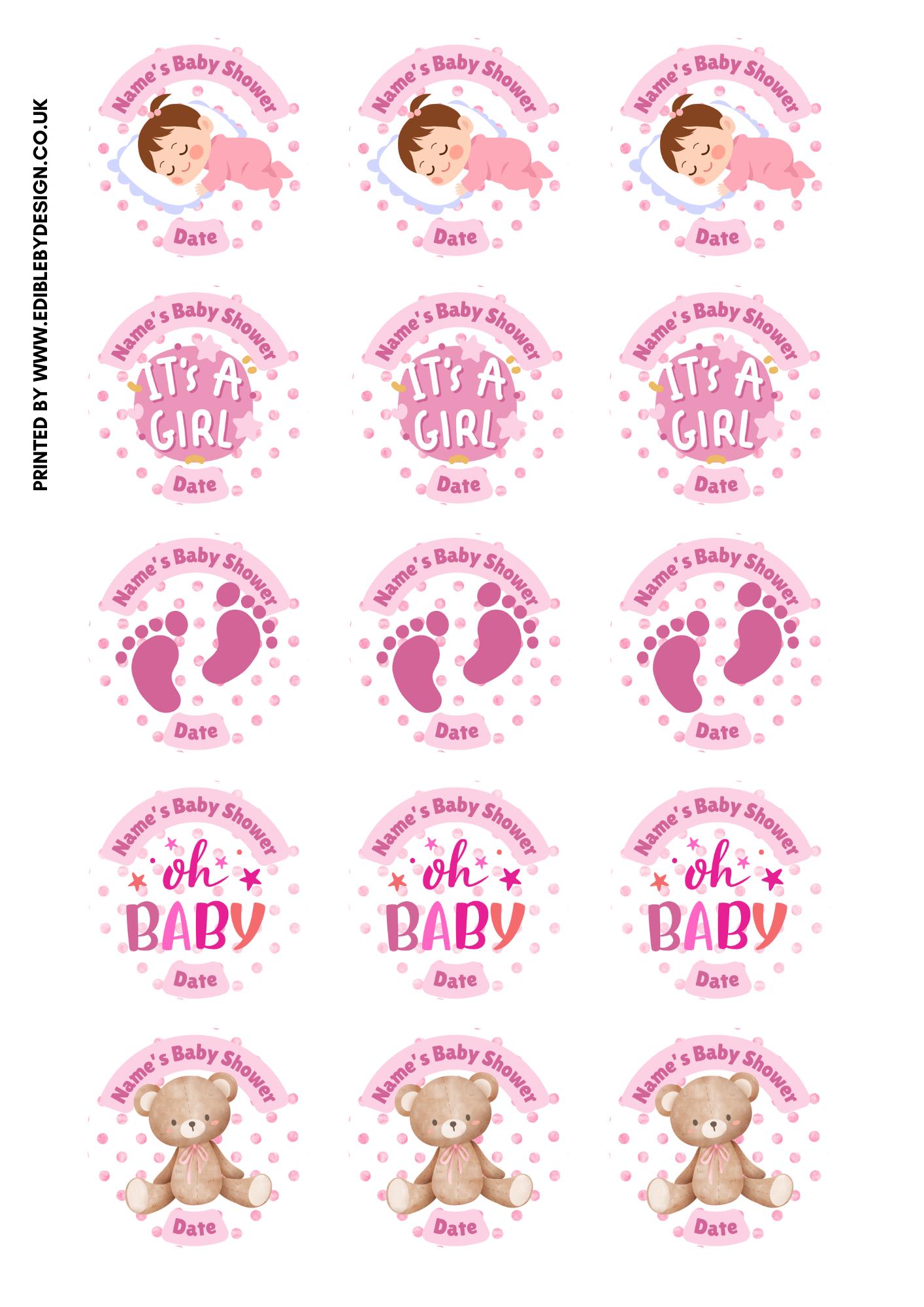 Personalised Baby Shower Cake Toppers: Pink Baby theme on Edible Icing or Wafer matching Stickers Foil Balloon