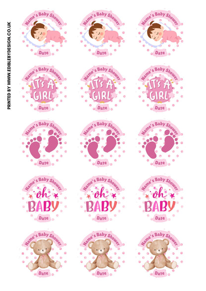 Personalised Baby Shower Cake Toppers: Pink Baby theme on Edible Icing or Wafer matching Stickers Foil Balloon