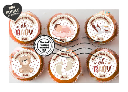 Personalised Baby Shower Cupcake Toppers: Neutral Cream, Edible Ink on Icing or Wafer