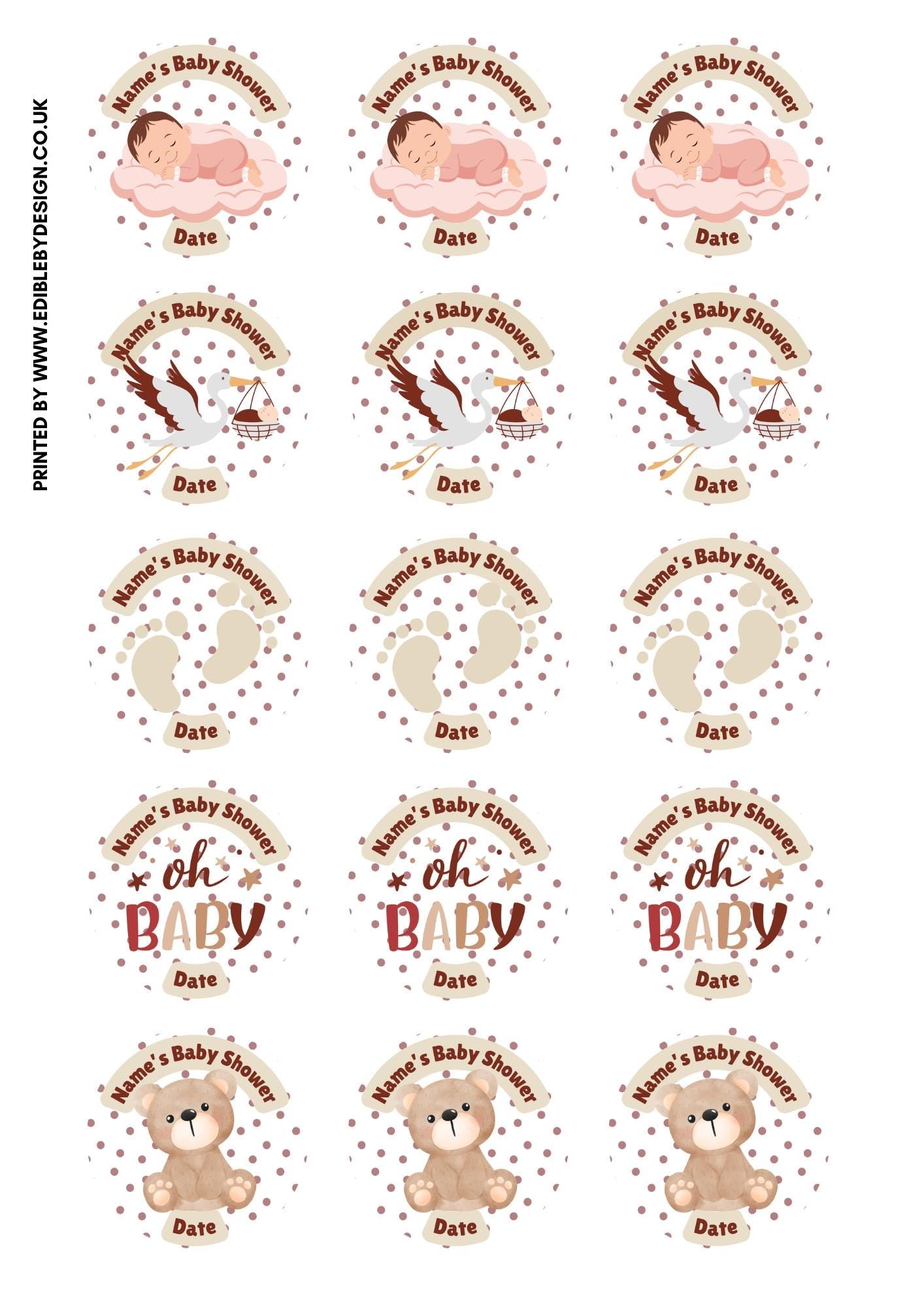 Personalised Baby Shower Cupcake Toppers: Neutral Cream, Edible Ink on Icing or Wafer