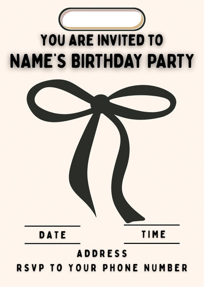 Personalised Birthday Cake Toppers: Black Ribbon Bow Designs matching Invitations Stickers Balloon Party Pack