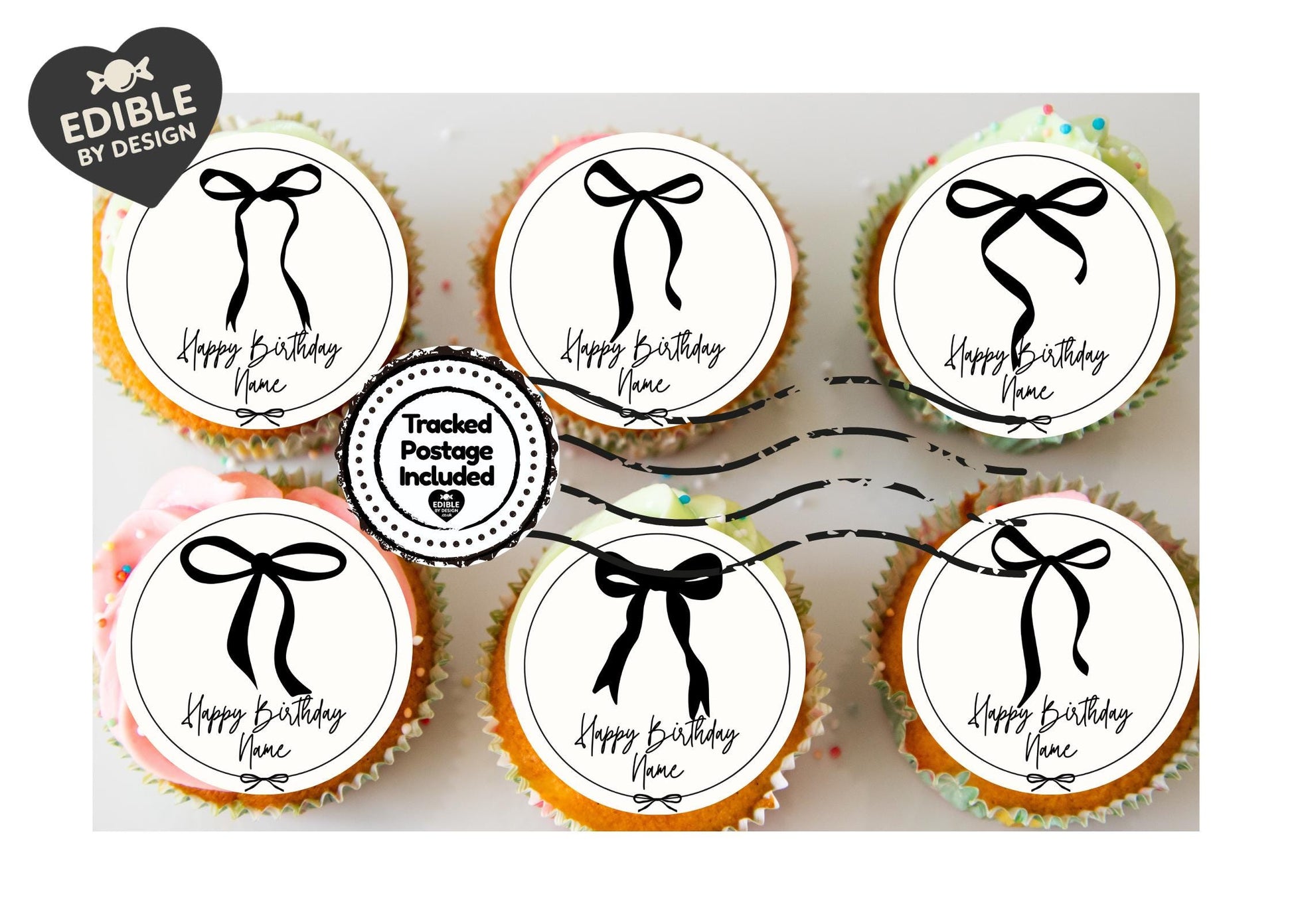 Personalised Birthday Cake Toppers: Black Ribbon Bow Designs matching Invitations Stickers Balloon Party Pack