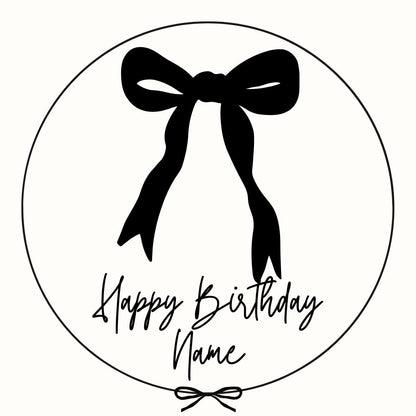 Personalised Birthday Cake Toppers: Black Ribbon Bow Designs matching Invitations Stickers Balloon Party Pack