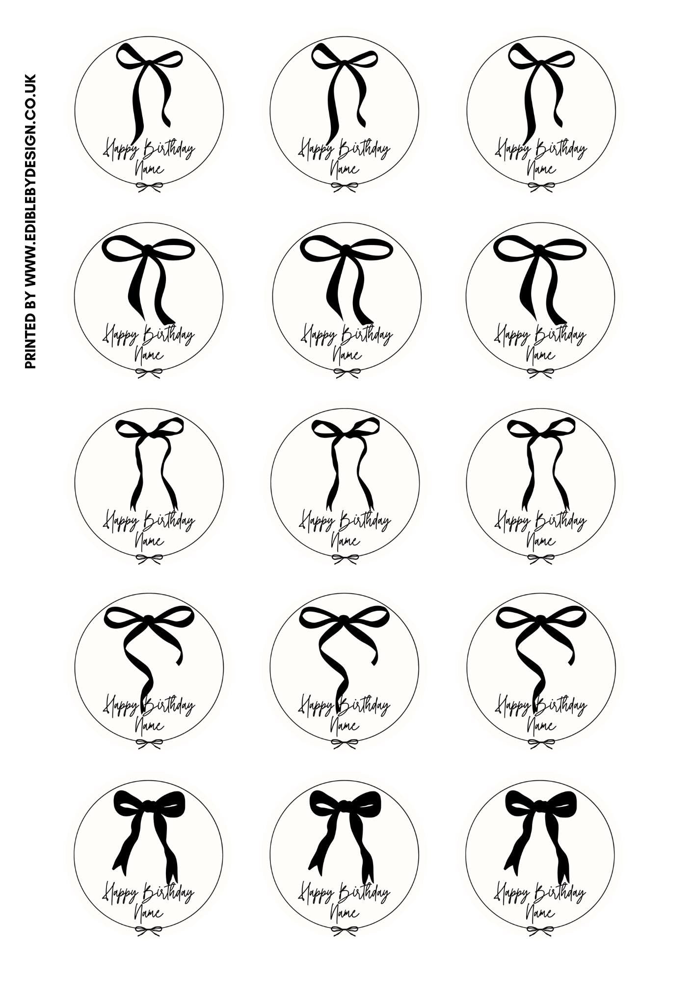 Personalised Birthday Cake Toppers: Black Ribbon Bow Designs matching Invitations Stickers Balloon Party Pack
