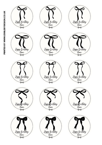 Personalised Birthday Cake Toppers: Black Ribbon Bow Designs matching Invitations Stickers Balloon Party Pack