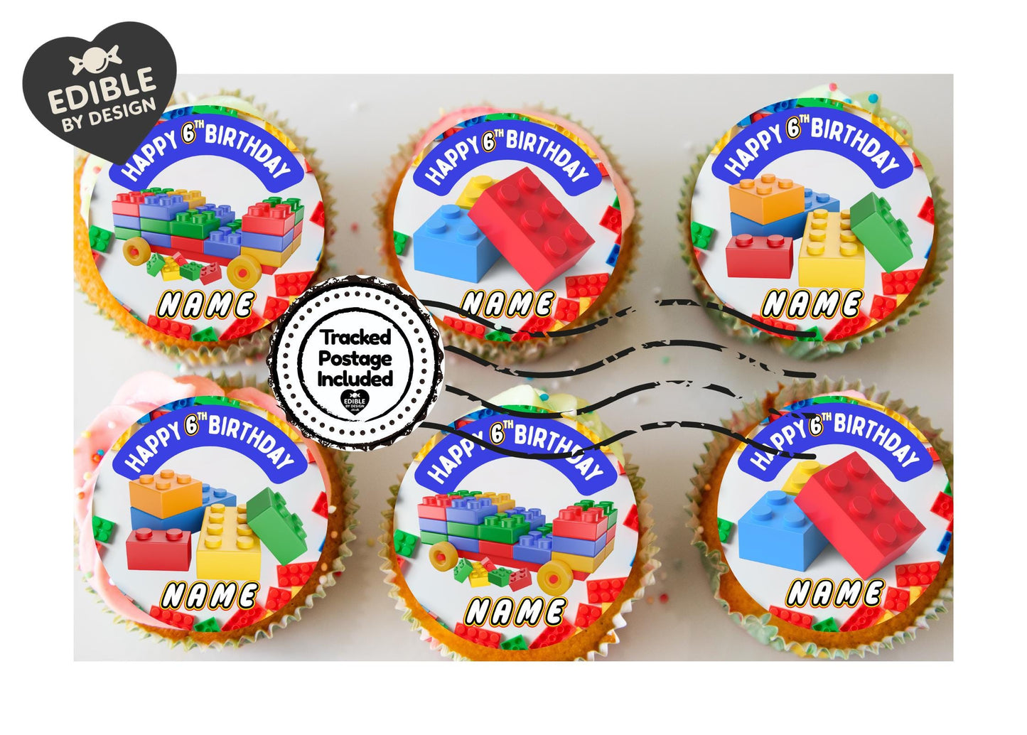 Personalised Building Block Birthday Cake Toppers: Edible Icing or Wafer matching Invitations Stickers Balloon Party Pack