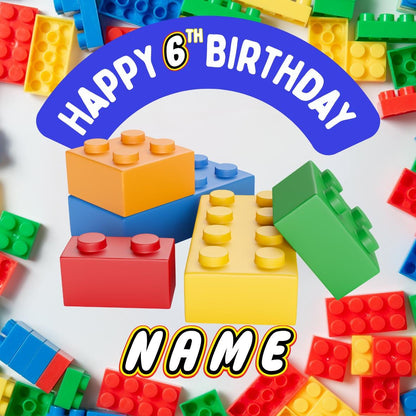 Personalised Building Block Birthday Cake Toppers: Edible Icing or Wafer matching Invitations Stickers Balloon Party Pack