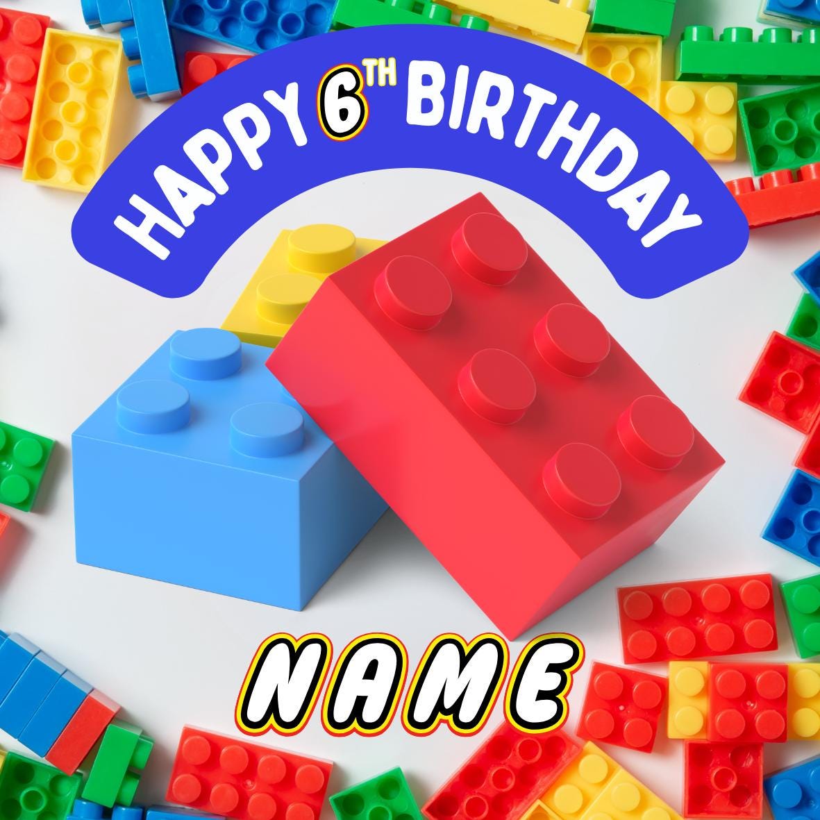 Personalised Building Block Birthday Cake Toppers: Edible Icing or Wafer matching Invitations Stickers Balloon Party Pack