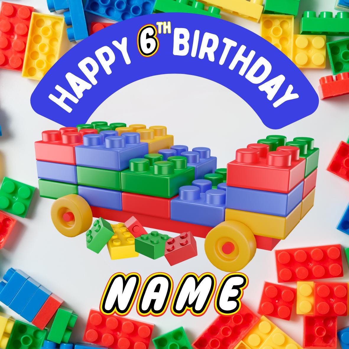 Personalised Building Block Birthday Cake Toppers: Edible Icing or Wafer matching Invitations Stickers Balloon Party Pack