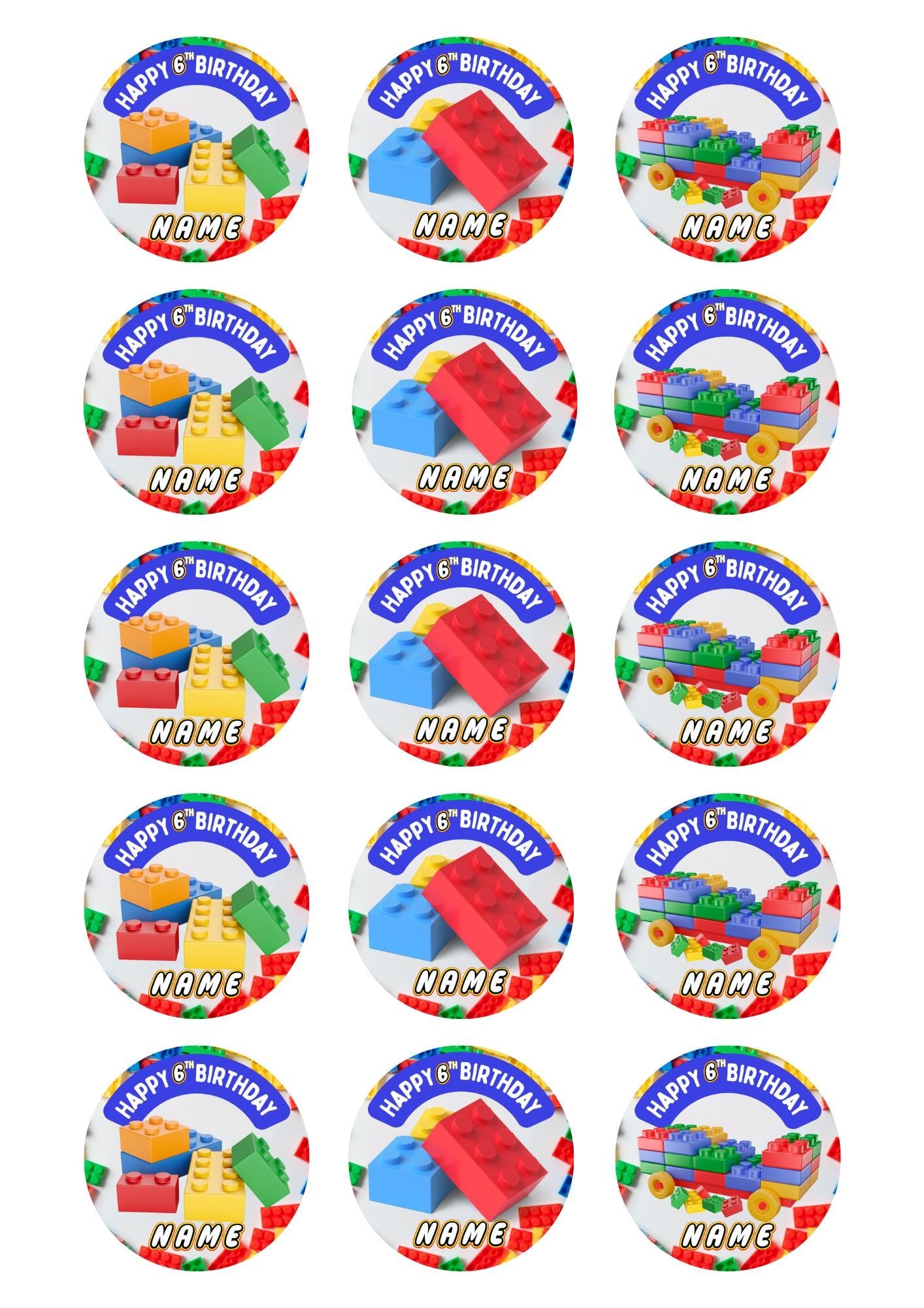 Personalised Building Block Birthday Cake Toppers: Edible Icing or Wafer matching Invitations Stickers Balloon Party Pack