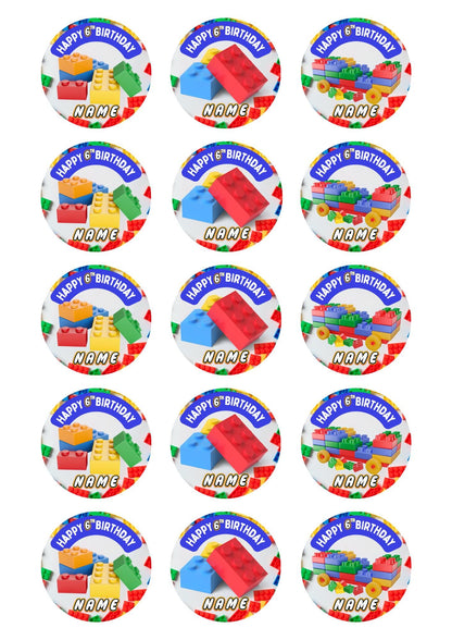 Personalised Building Block Birthday Cake Toppers: Edible Icing or Wafer matching Invitations Stickers Balloon Party Pack