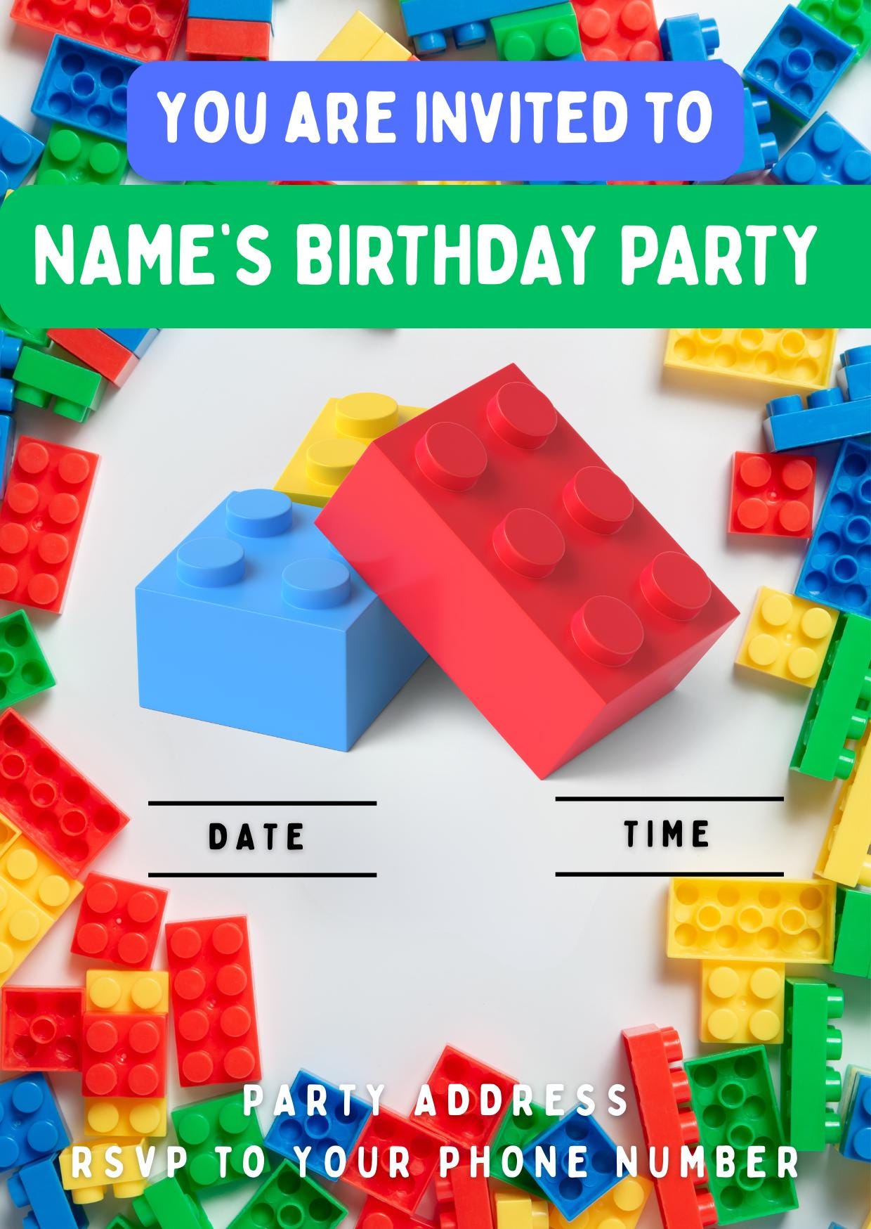 Personalised Building Block Birthday Cake Toppers: Edible Icing or Wafer matching Invitations Stickers Balloon Party Pack