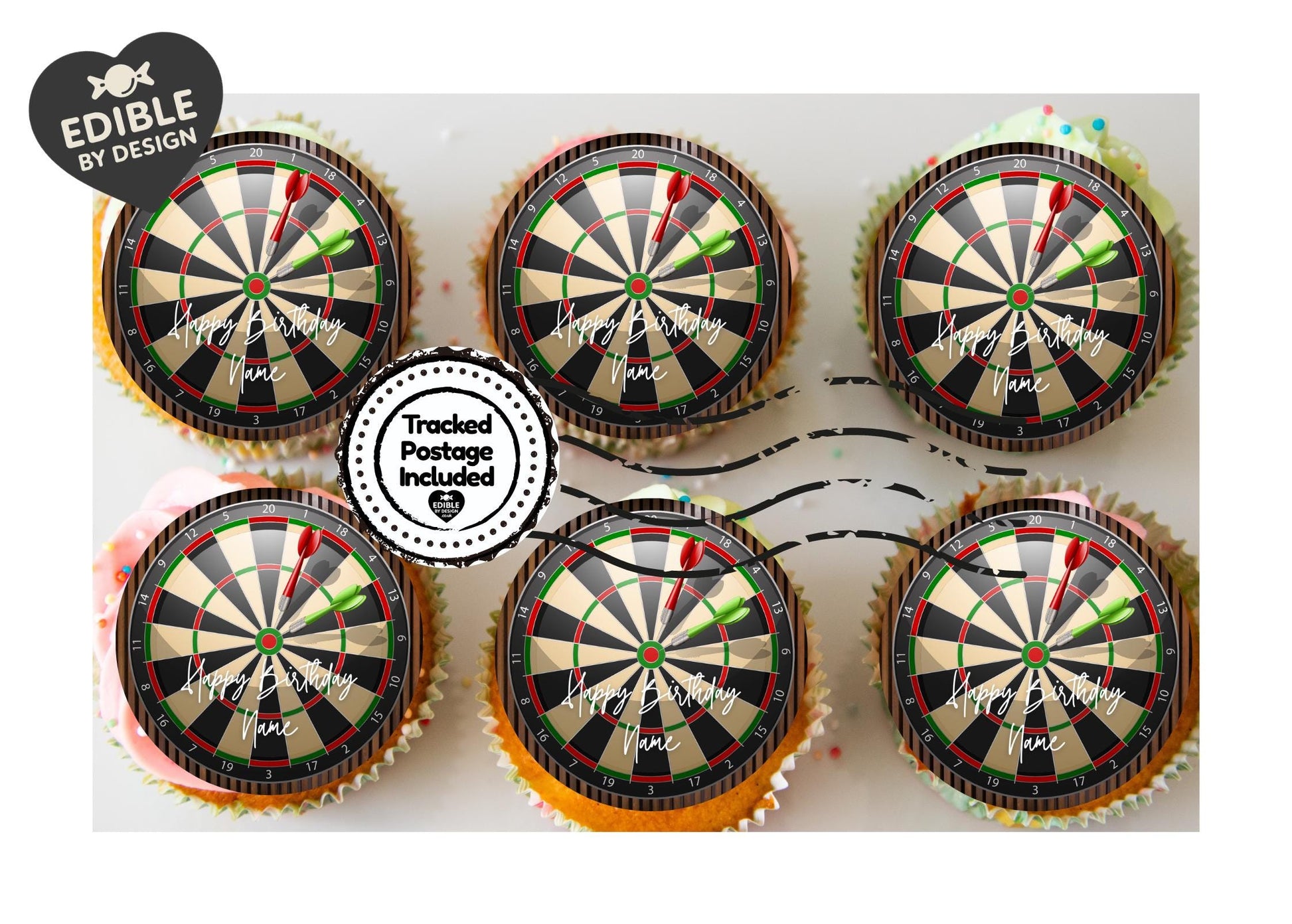 Personalised Darts Board Cake Toppers: Edible Icing or Wafer Also Stickers and Balloons